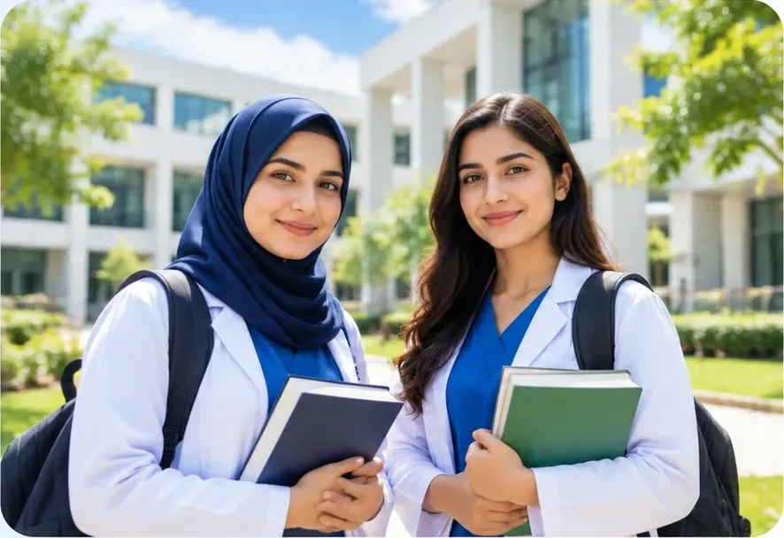 Two illustrative nursing students holding books outside a modern campus