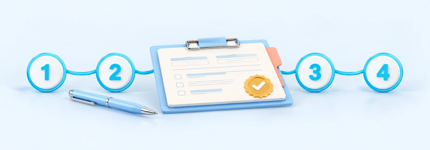 Four-step application form, documents, pen and approval check representing the application process