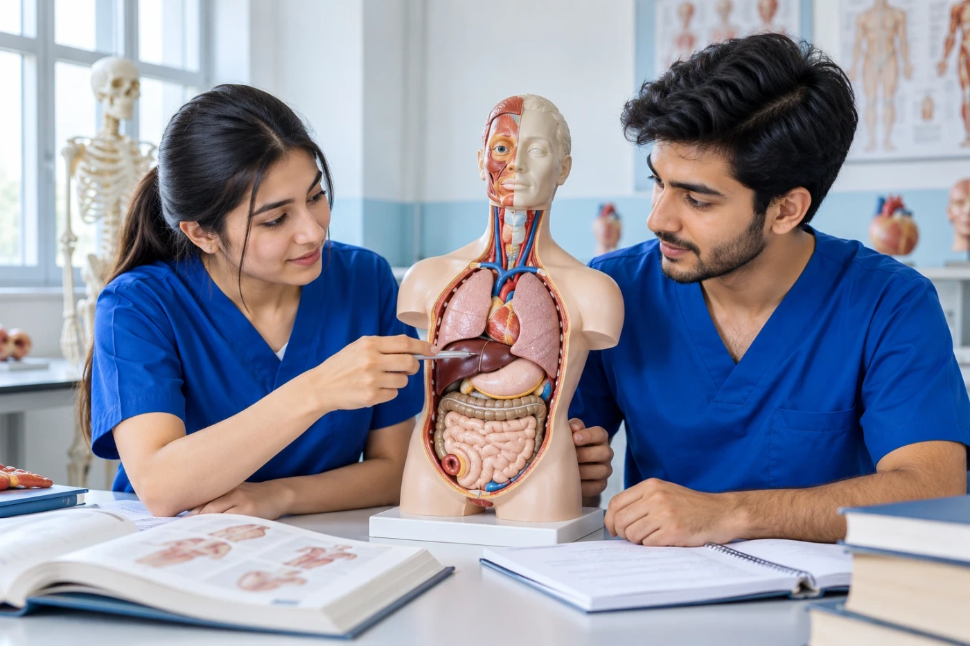 Illustrative nursing students studying an anatomical model