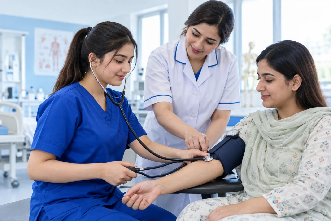 Illustrative nursing student practising blood pressure measurement