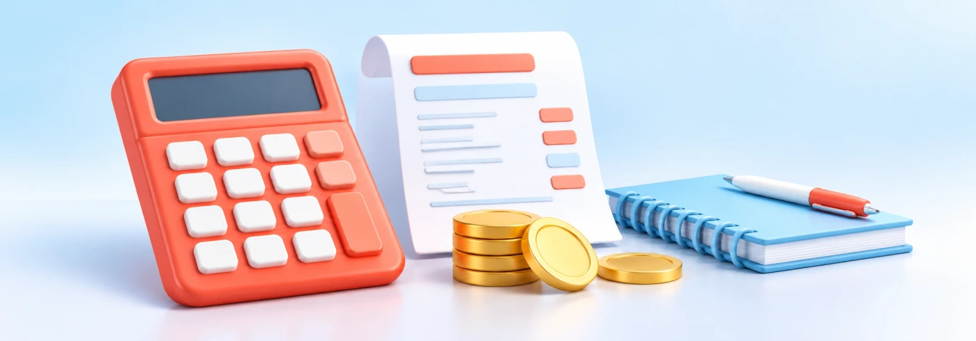 Red calculator, fee statement, coins and notebook representing nursing program fees