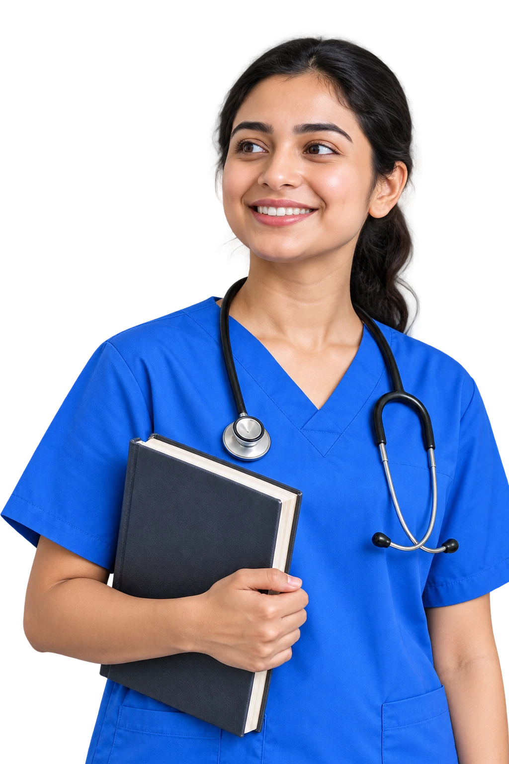Nursing student smiling in blue scrubs, with a stethoscope and notebook