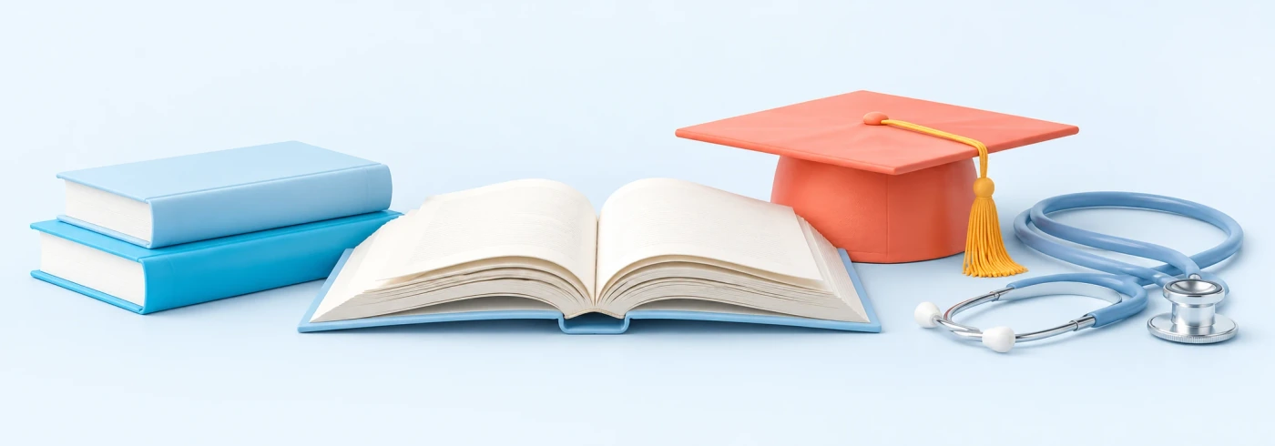 Nursing course books, graduation cap, open program catalogue and stethoscope representing available programs